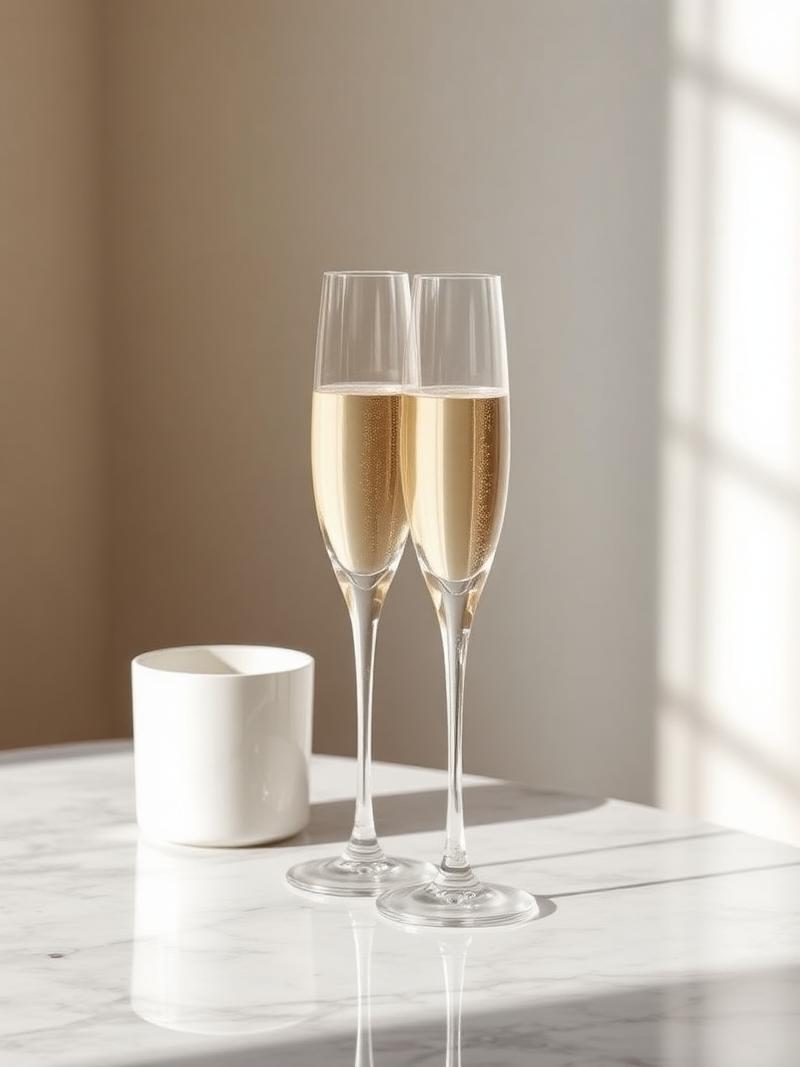 Two crystal champagne flutes on marble in morning side light.