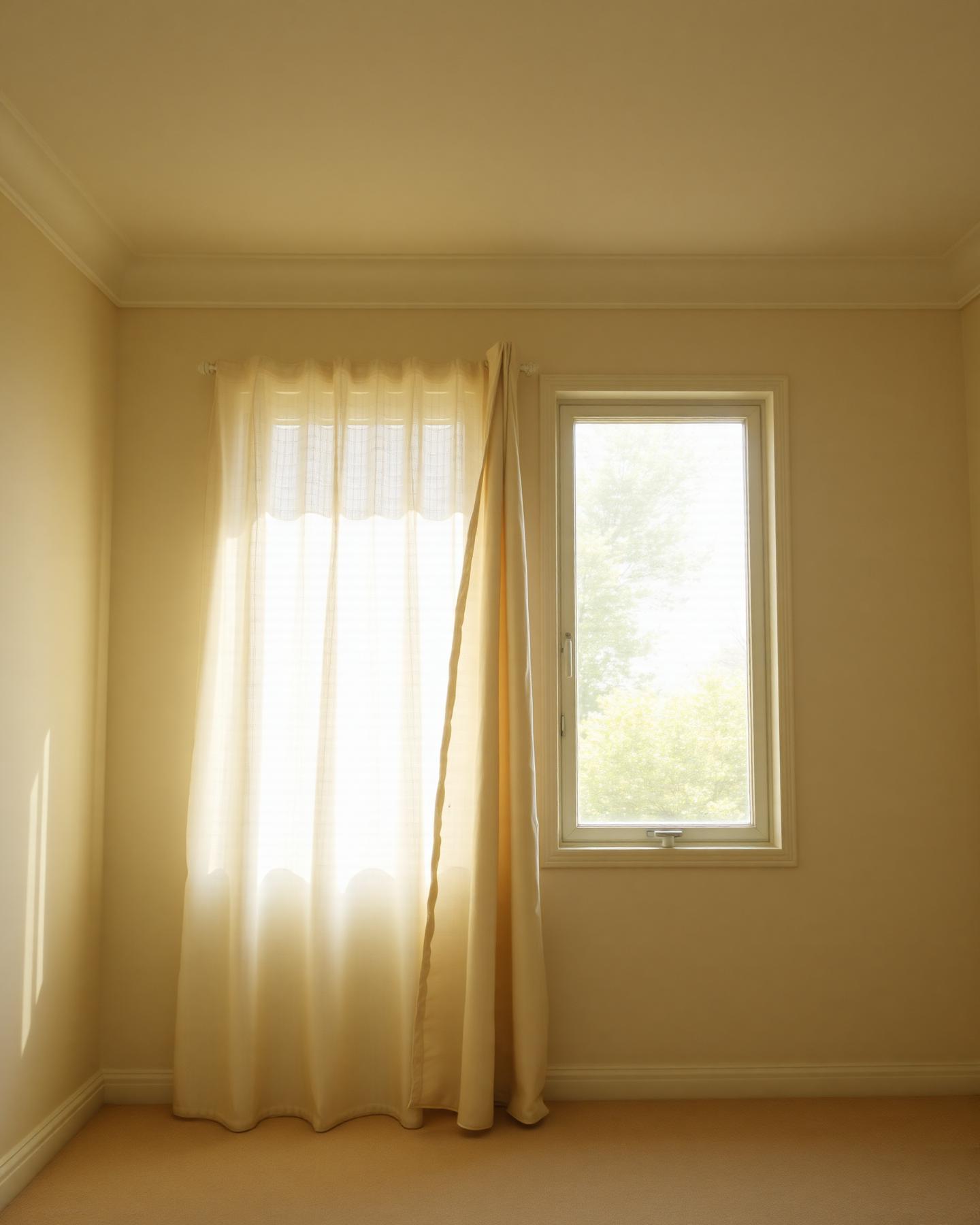 Quiet luxury room with sheer linen curtain in warm afternoon light.