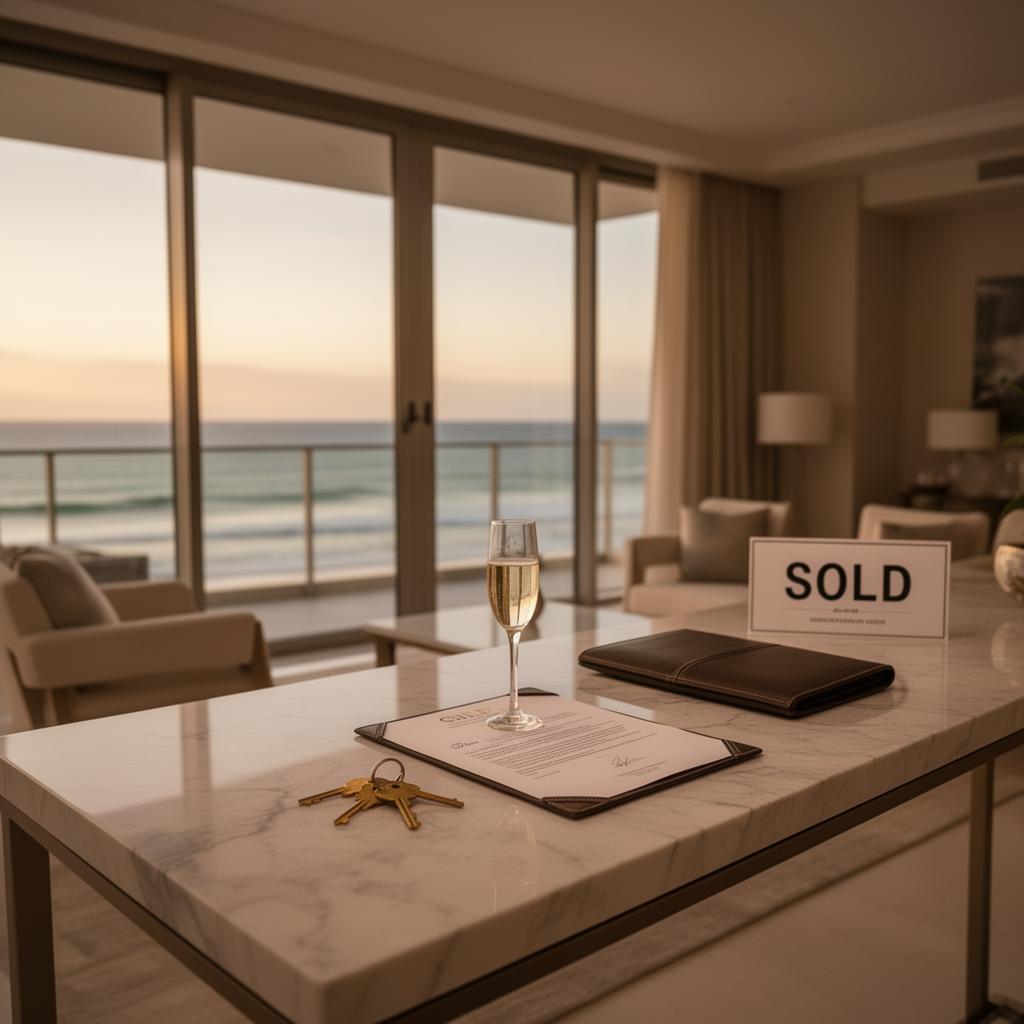 Sold moment — keys, champagne and contract on marble console in a coastal Broadbeach apartment