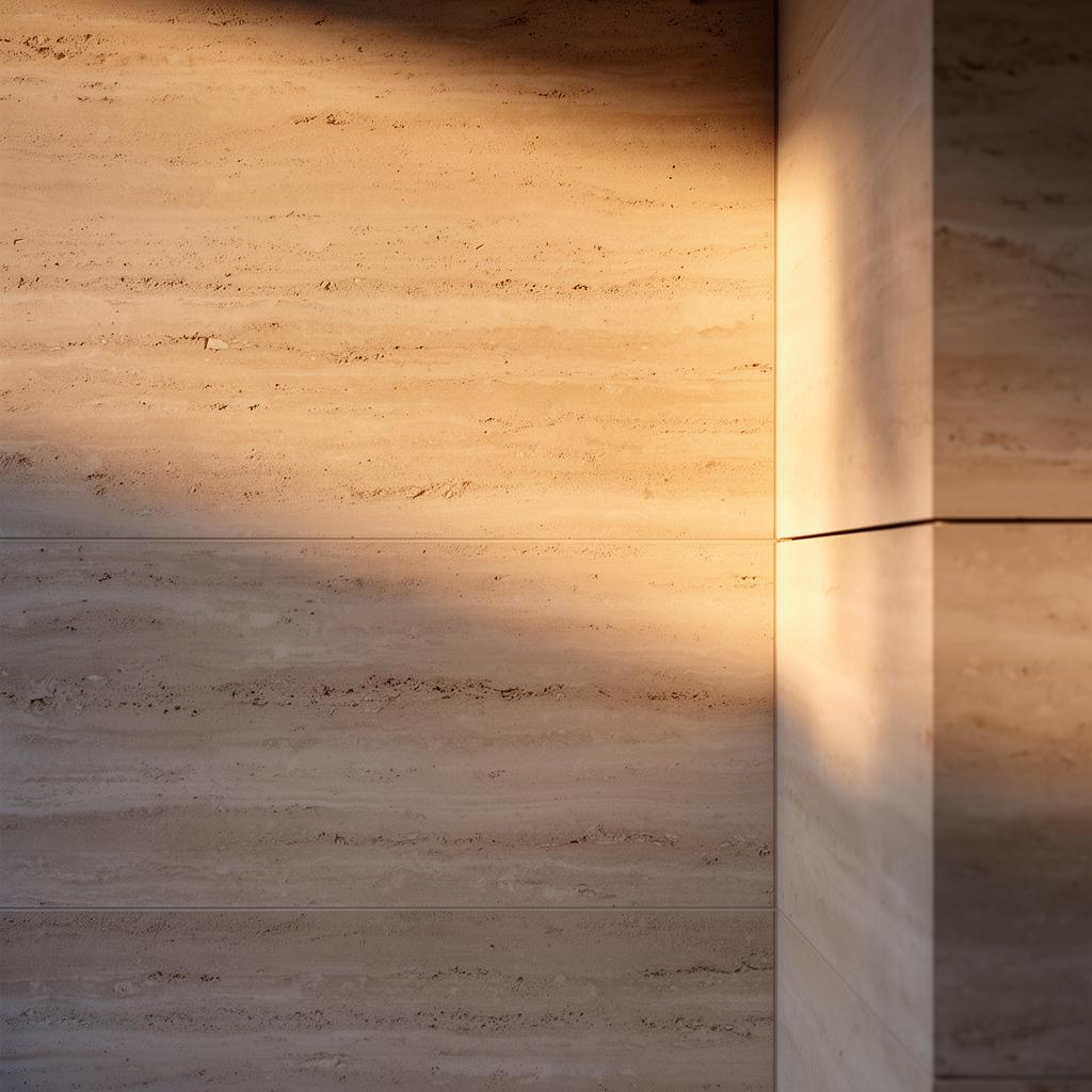 Travertine stone wall in raking golden hour light.