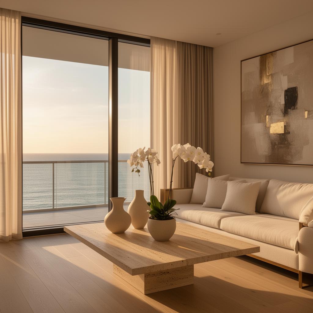 Modern luxury living room at twilight with warm interior glow.